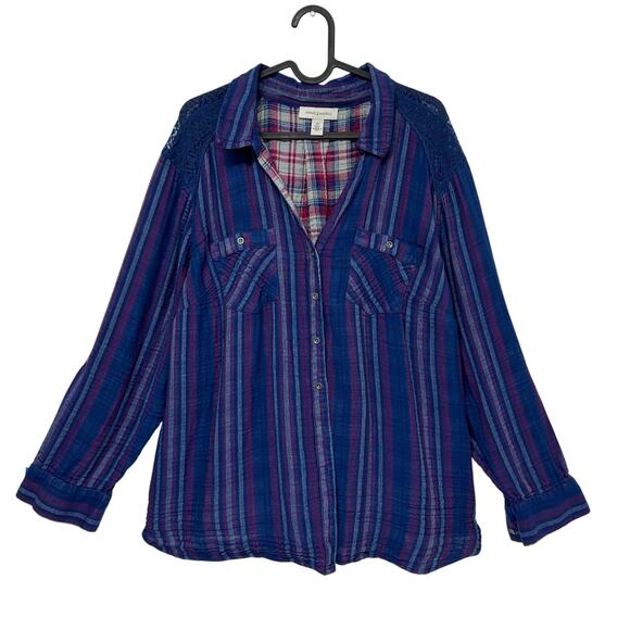 Vintage America Tops - Vintage America 2X Plaid Stripe Button Shirt – Crochet Shoulder, Made in India